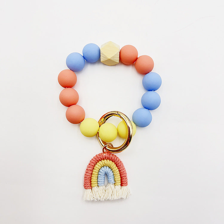 Wholesale Candy Color Silicone Beaded Rainbow Handwoven Tassel Wrist Keychain