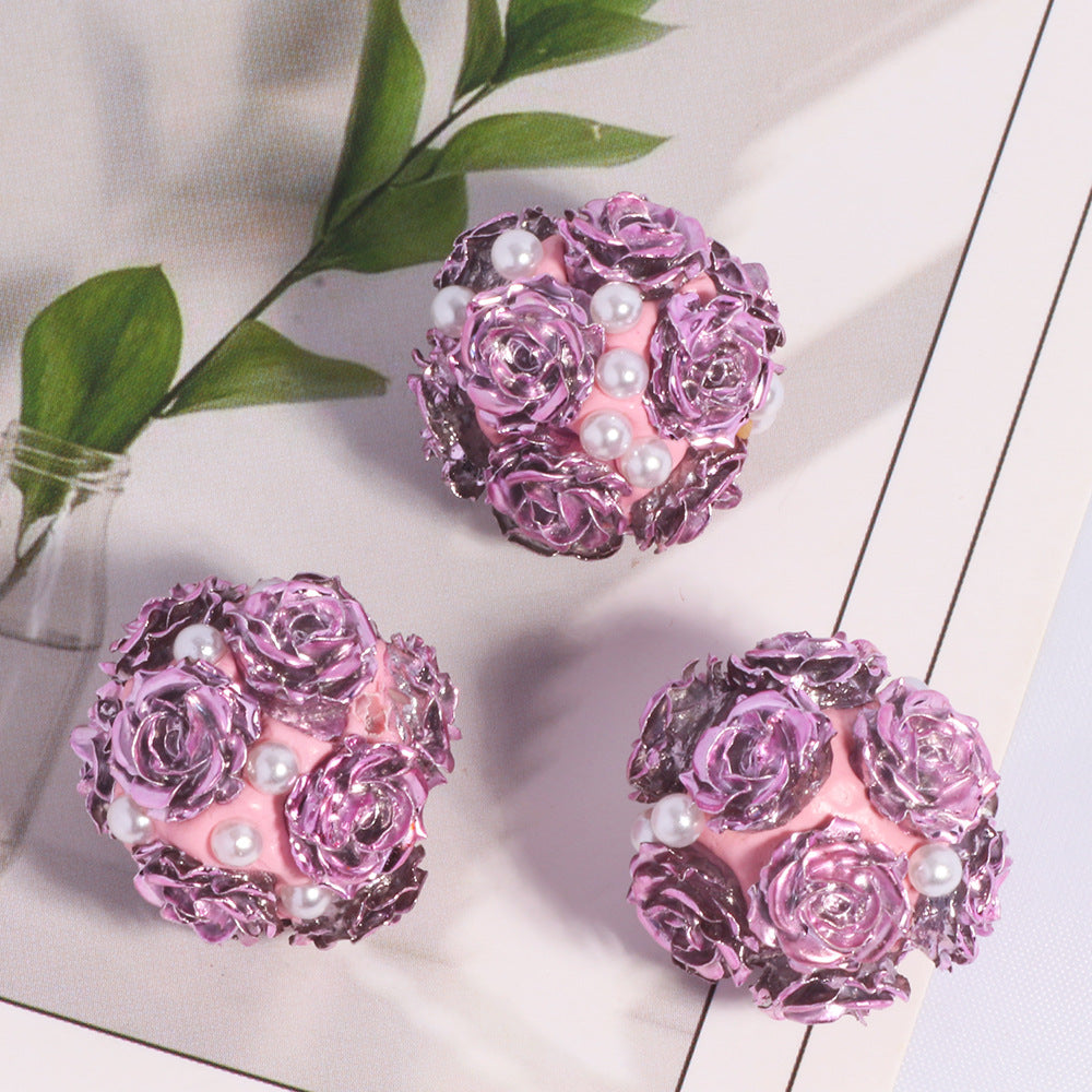 Wholesale 5PCS/Pack New Pearl Rose Flower Ball Straight Hole Loose Beads Beading DIY Mobile Phone Chain Key Chain Bag Chain Jewelry Accessories