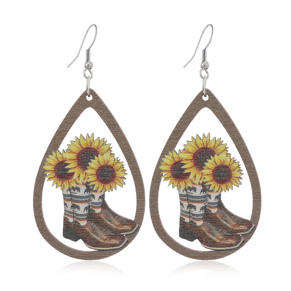 Wholesale Western Style Sunflower Bull Head Wooden Earrings