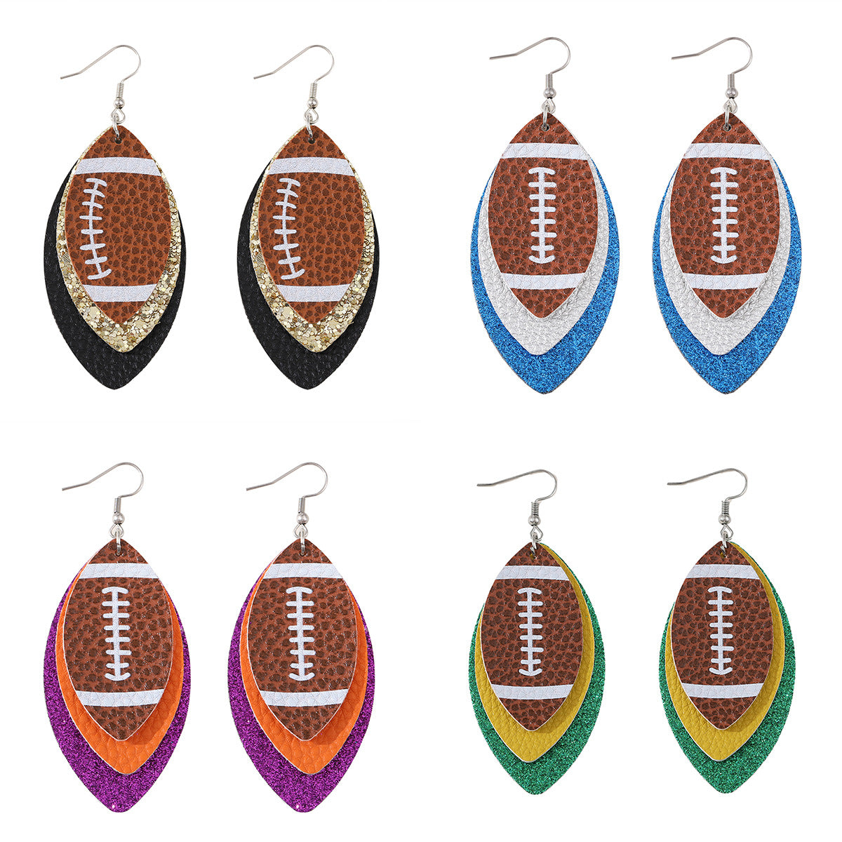 Wholesale Rugby Sequins Three-layer Leather Water Drop Pendant Earrings Sports Ear Jewelry