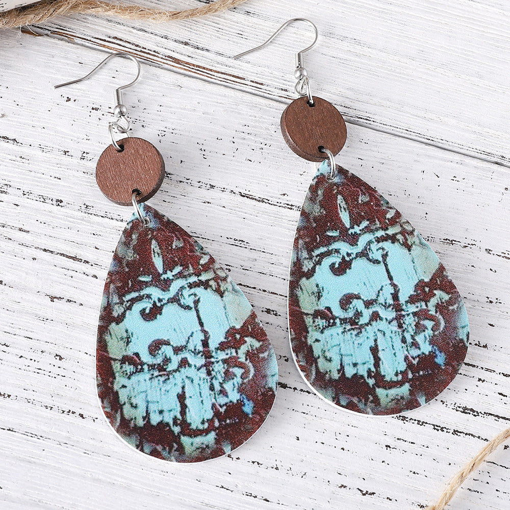 Wholesale Western style water drop pendant wood and leather double-sided earrings