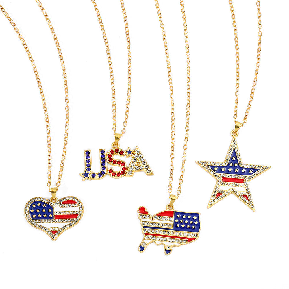 Wholesale American Independence Day Flag Five Pointed Star Diamond Alloy Necklace