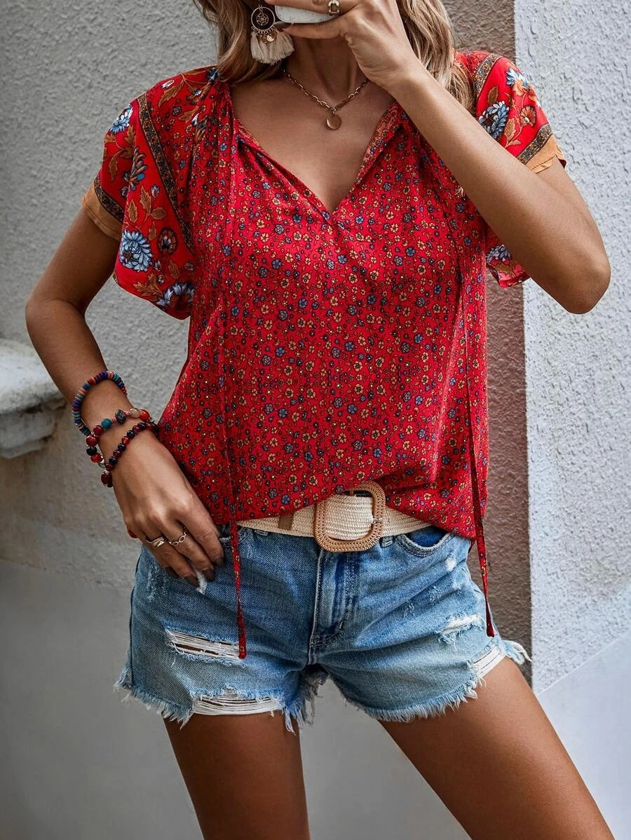 Wholesale Casual Print V -neck Loose Short Sleeves
