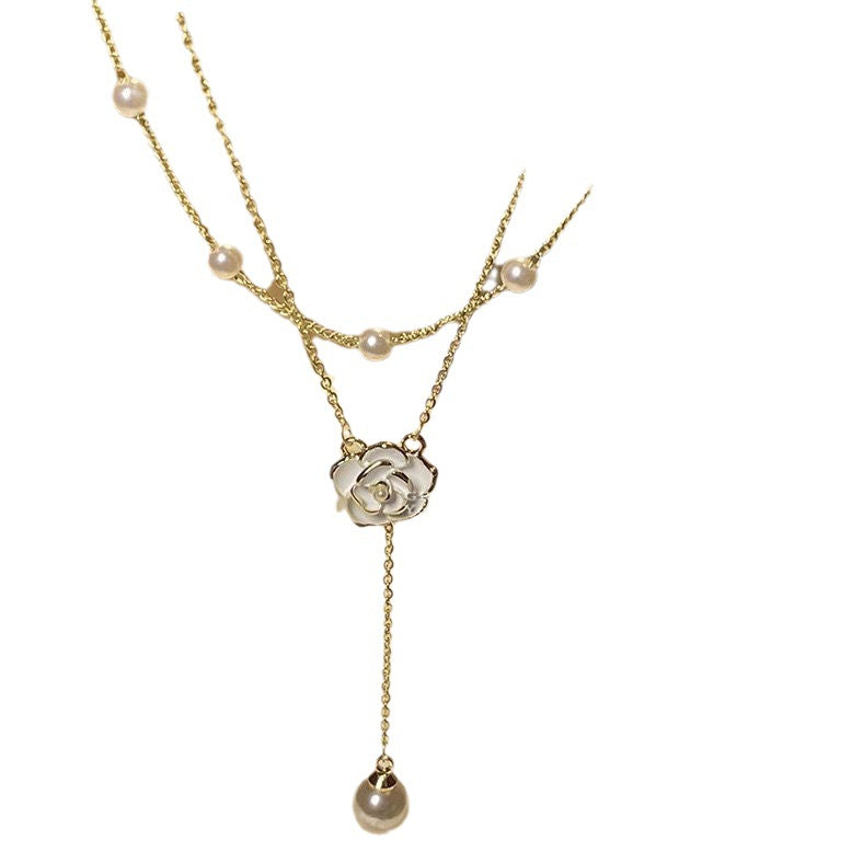 Wholesale Camellia Pearl Necklace Tassel Double Layered Clavicle Chain