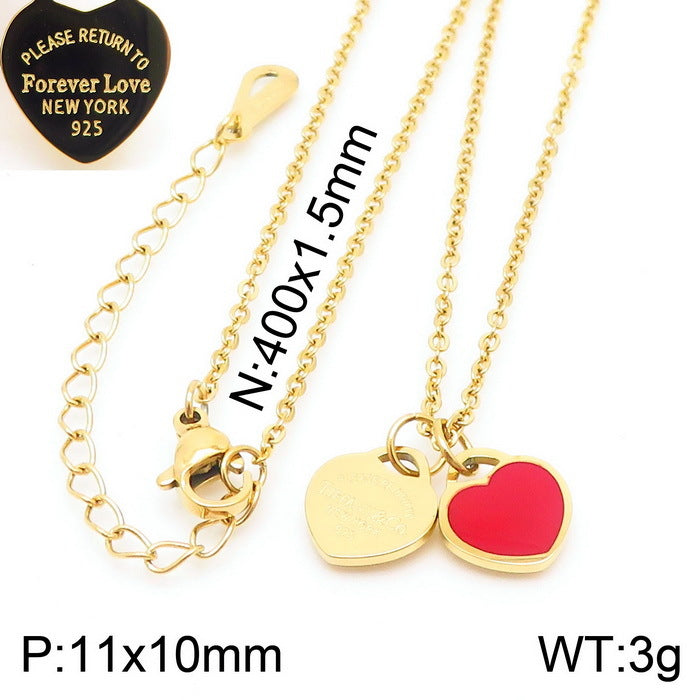 Wholesale 18K Gold-plated Heart-shaped Open Glossy Clavicle Chain Multi-color Epoxy Titanium Steel Ring Set
