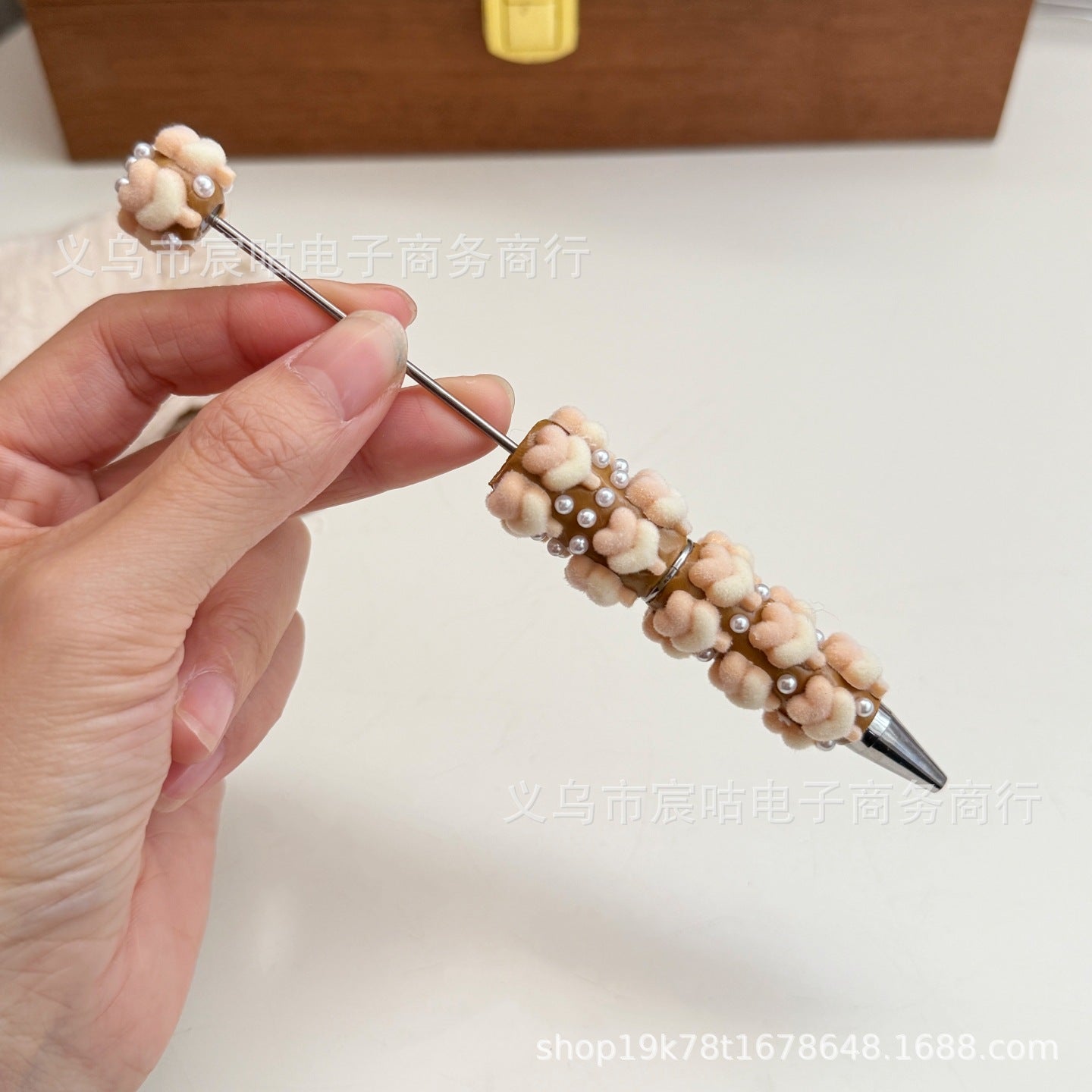 Wholesale  2pcs Flocked Heart Bear Bow  Ballpoint Fancy Beadable Pens DIY Beaded