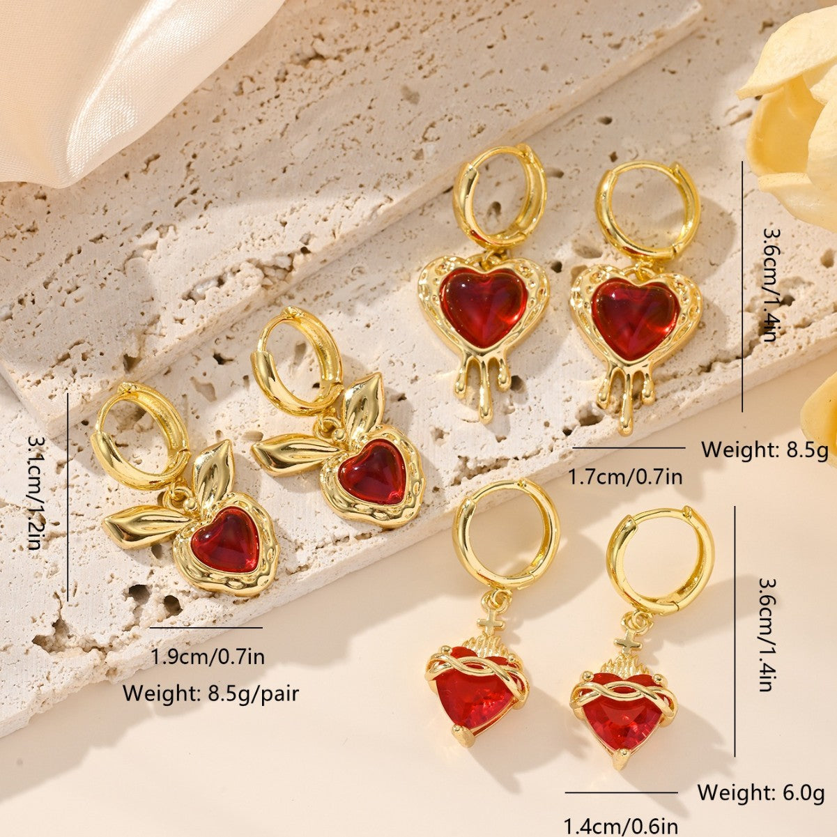 Wholesale Heart shaped colored red zircon earrings