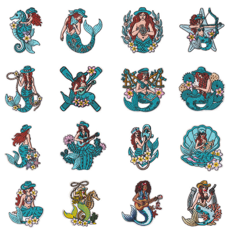 Wholesale West Coast Retro Mermaid Adhesive Embroidered Patches Guitar Cactus Nautical Design For Coat Repair Chic Craft Supply Boutique Resale