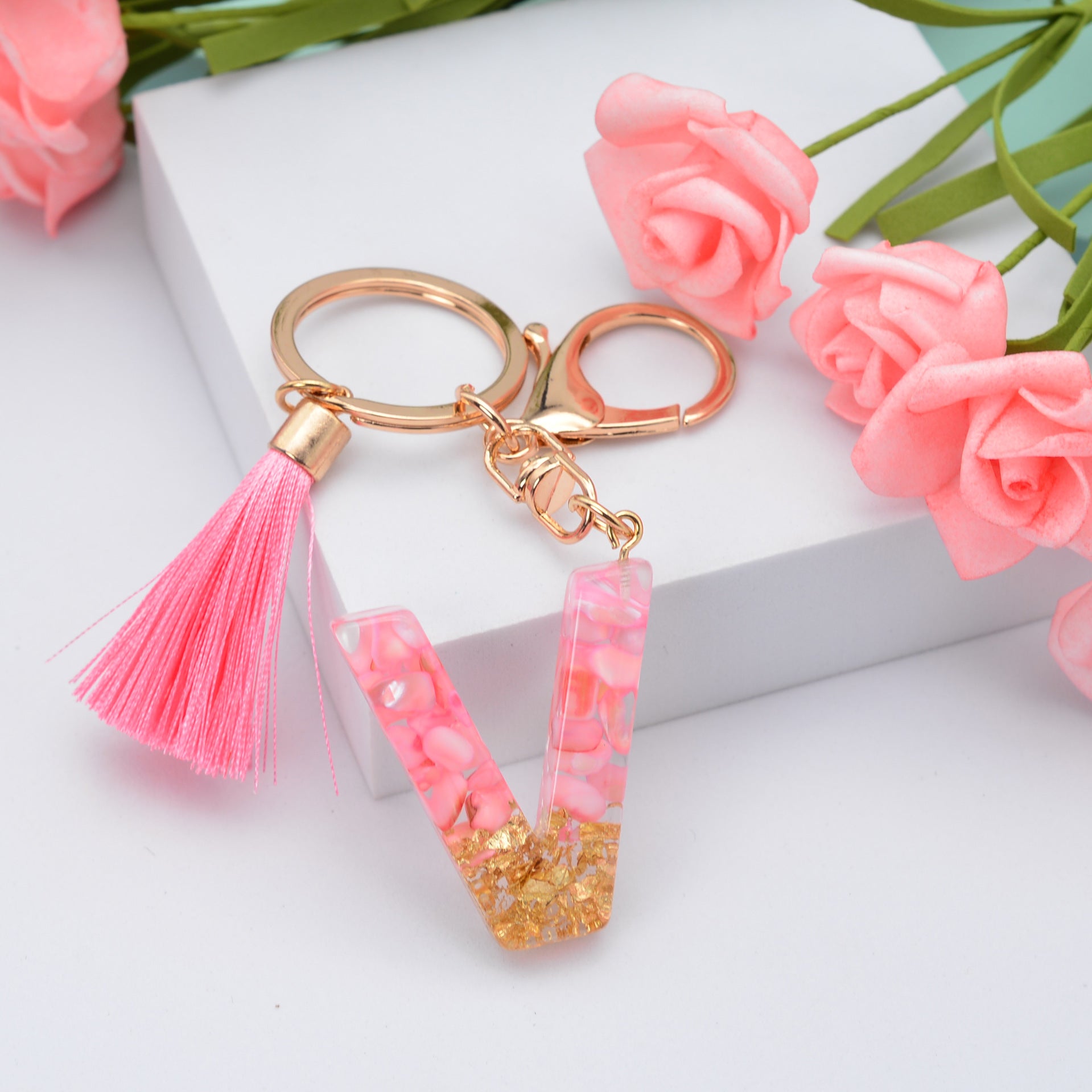 Wholesale Pink Tassel 26 Letter Crystal Resin Keychain