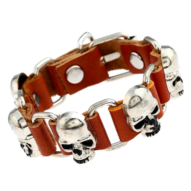 Wholesale Hip Hop Skull Leather Bracelet