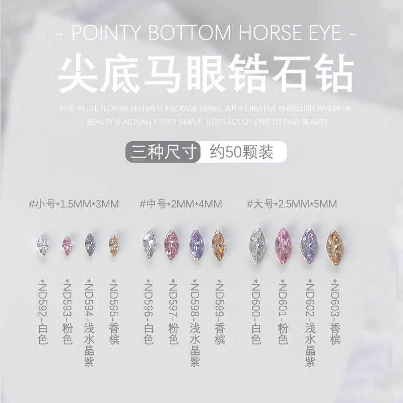 Wholesale 50pcs nail art pointed bottom diamond 5A zircon large, medium and small horse eye diamond special shaped diamond nail decoration
