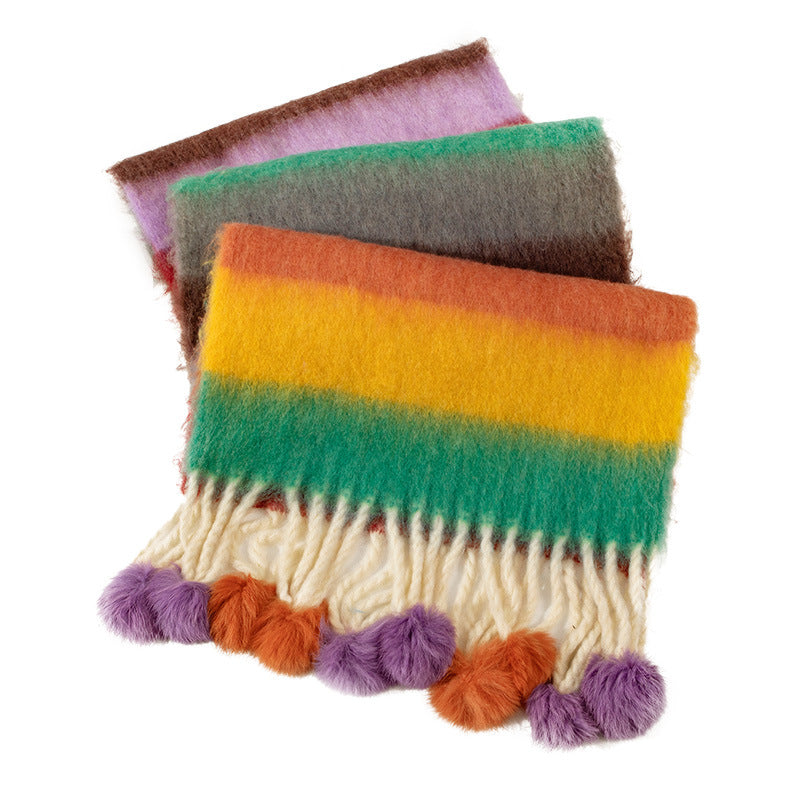 Wholesale Autumn and Winter Imitation Cashmere Colorful Knitted Fur Ball Tassel Warm Scarf