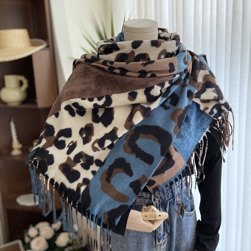 Wholesale Imitation Cashmere Double Sided Printed Scarf Leopard Print Tassel Warm Shawl