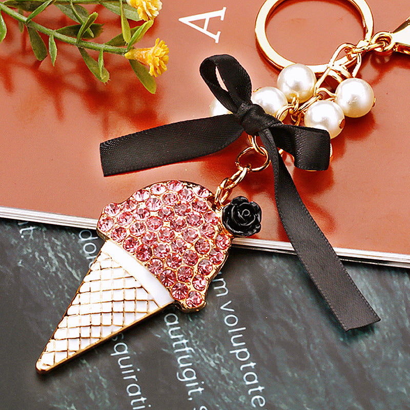 Wholesale Pearl Small Ice Cream Car Metal Key Chain Ring with Diamonds Keychain