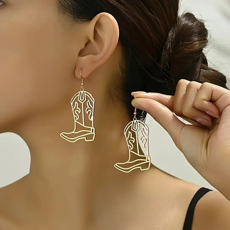 Wholesale Trendy Western Cowboy Boot Pendant Earrings Chic Hollowed Out Gold Alloy Jewelry For Women