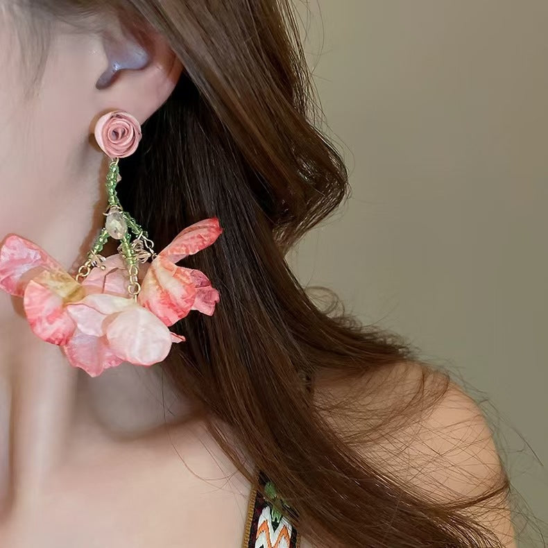 Wholesale Fabric flower super fairy handmade beaded fairy small fresh flower silver needle earrings