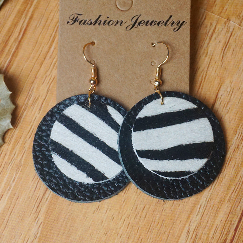 Wholesale 2pcs Cow Grain Leather Top Layer Cowhide Round Water Droplet Cow Head Retro Horsehair Quality Texture Fashionable Earrings