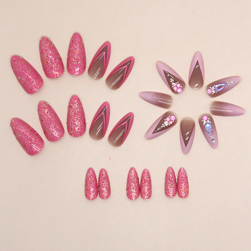 Wholesale Almond nail rose pink double layer French glitter Press-on Nails