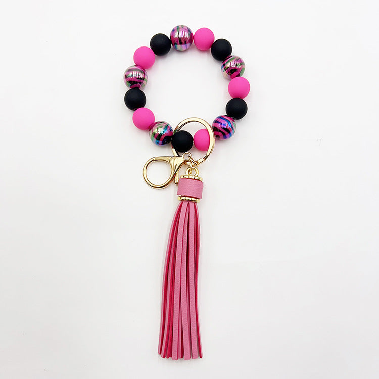 Wholesale UV Plating Colorful Zebra Stripe Handmade Acrylic Beaded Wrist Keychain