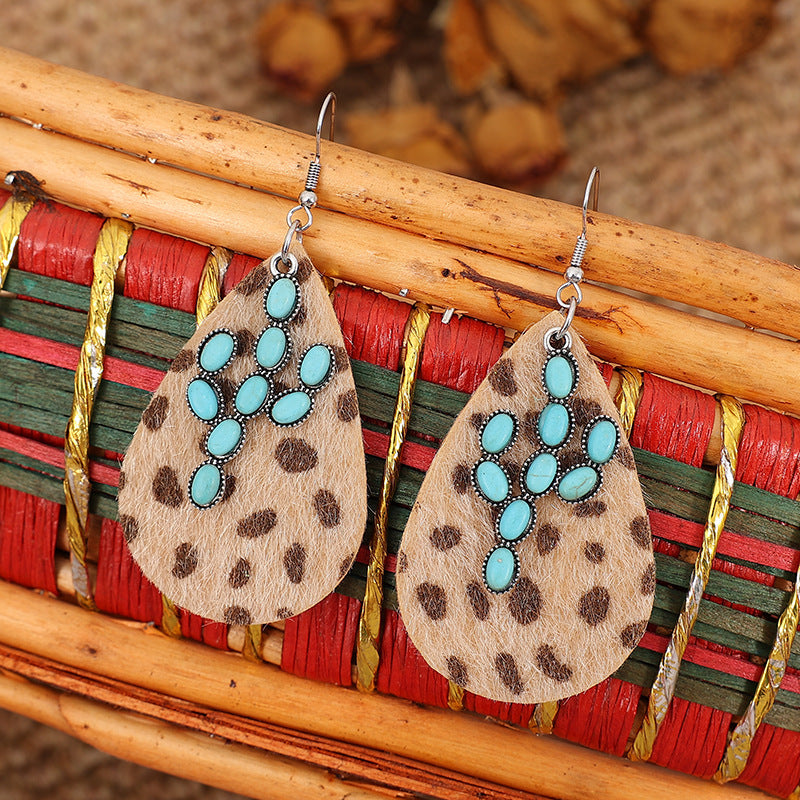 Wholesale Exaggerated Cactus Turquoise Western Cowboy Horse Hair Leopard Earrings