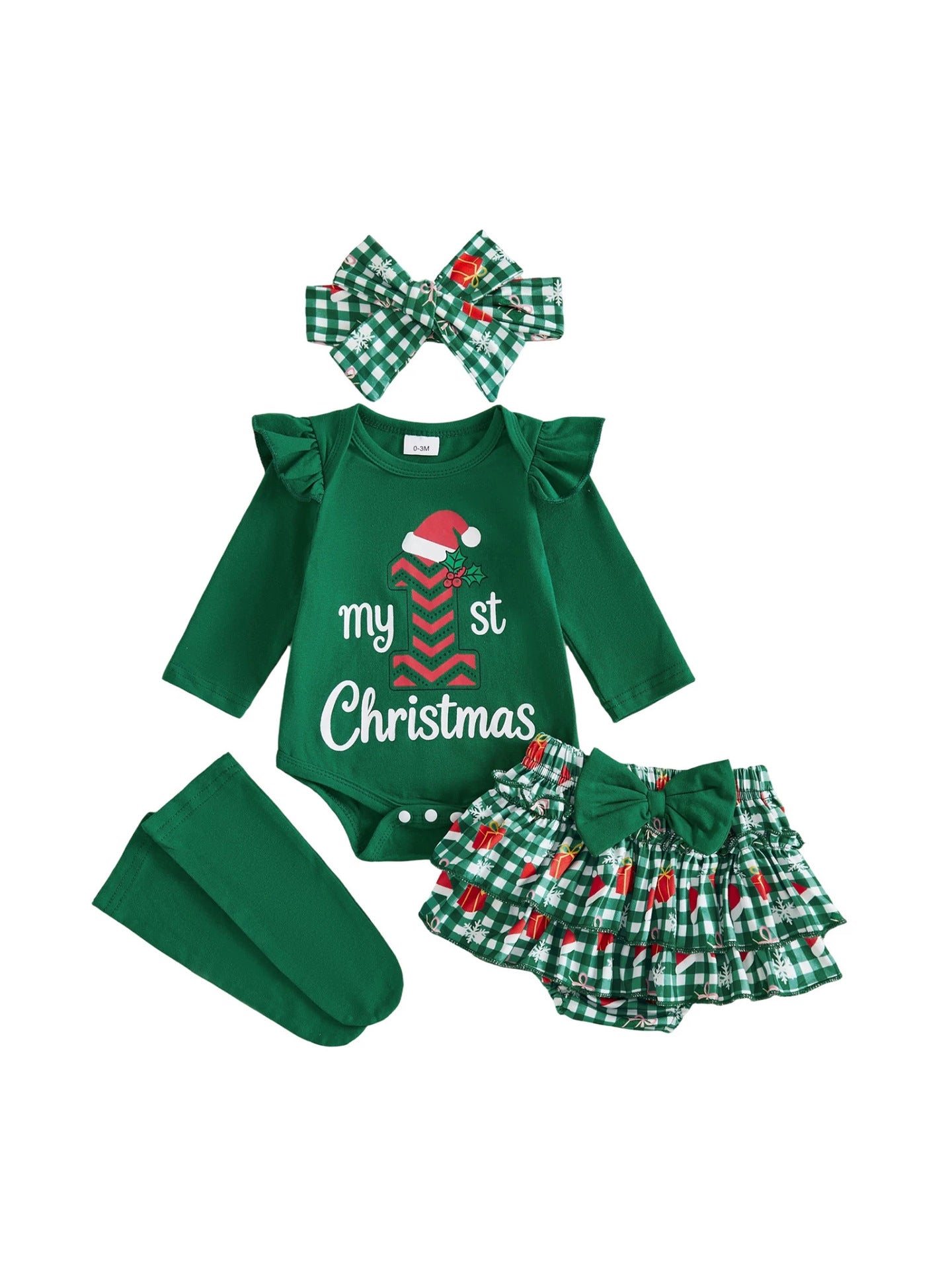 Wholesale Christmas Toddler Girl Winter Outfit Set Letter Print Long Sleeve Bodysuit Shorts Headf