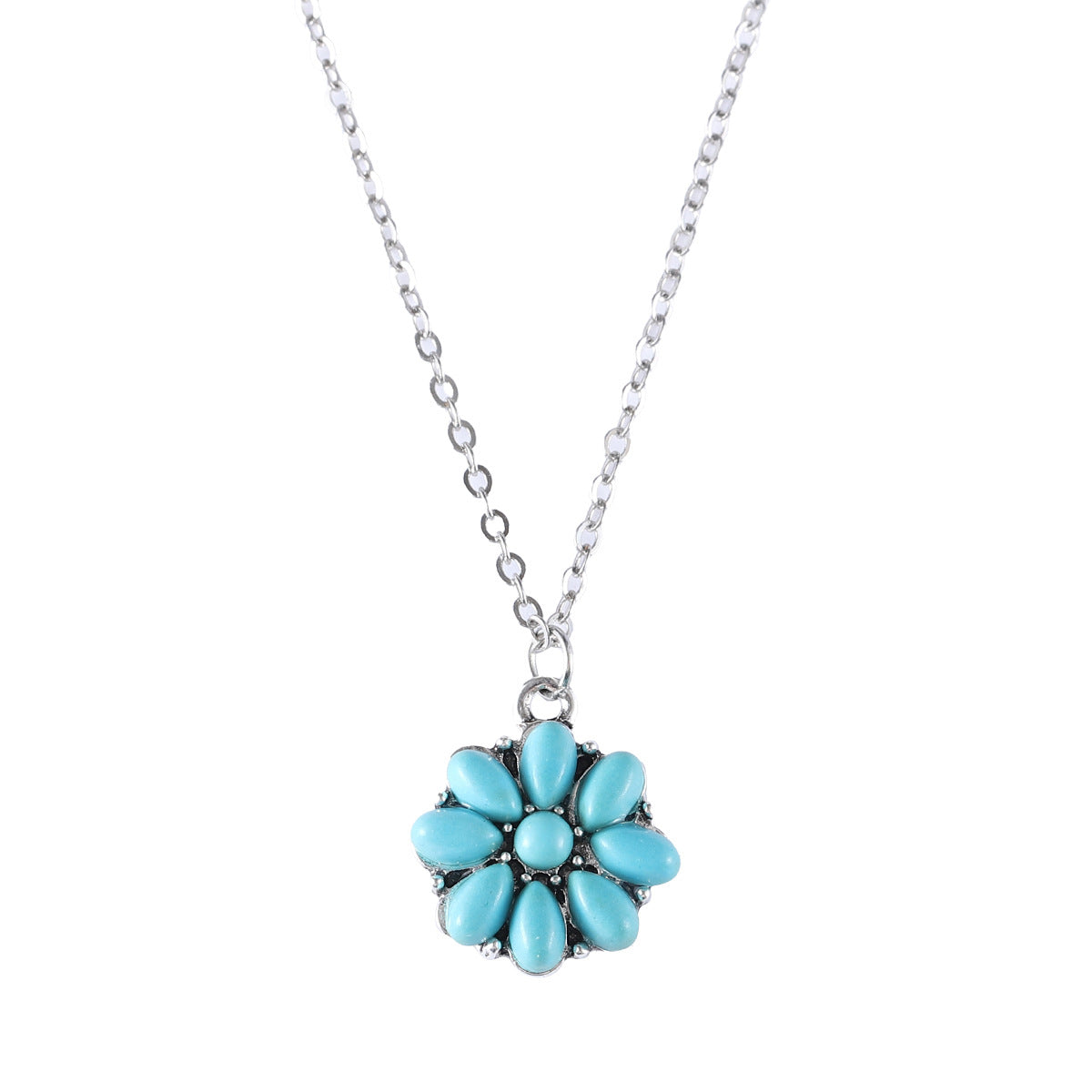 Wholesale Bohemian Flower Necklace Turquoise Blue Zinc Alloy Jewelry For Women Casual Retro Pendant Accessory