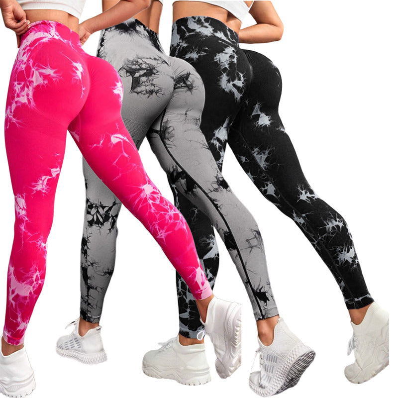 Wholesale new quick-drying tie-dyed yoga pants seamless stretch tight sports pants Peach Hip lifting fitness pants