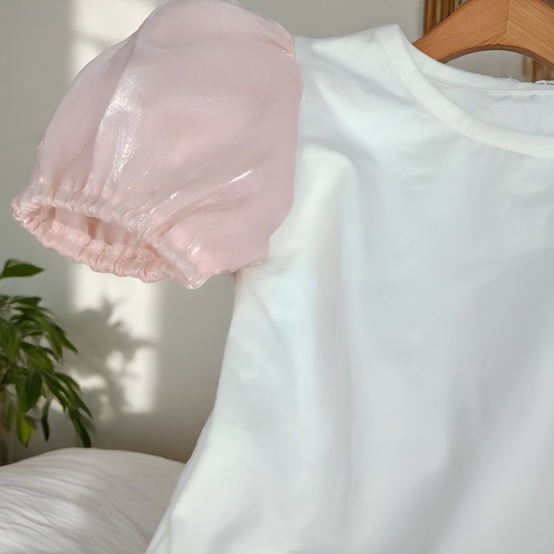 Wholesale Girls Cotton Bubble Sleeve Tee Solid Color Crew Neck Short Sleeve Top Summer Princess Style For Toddler Daily Wear