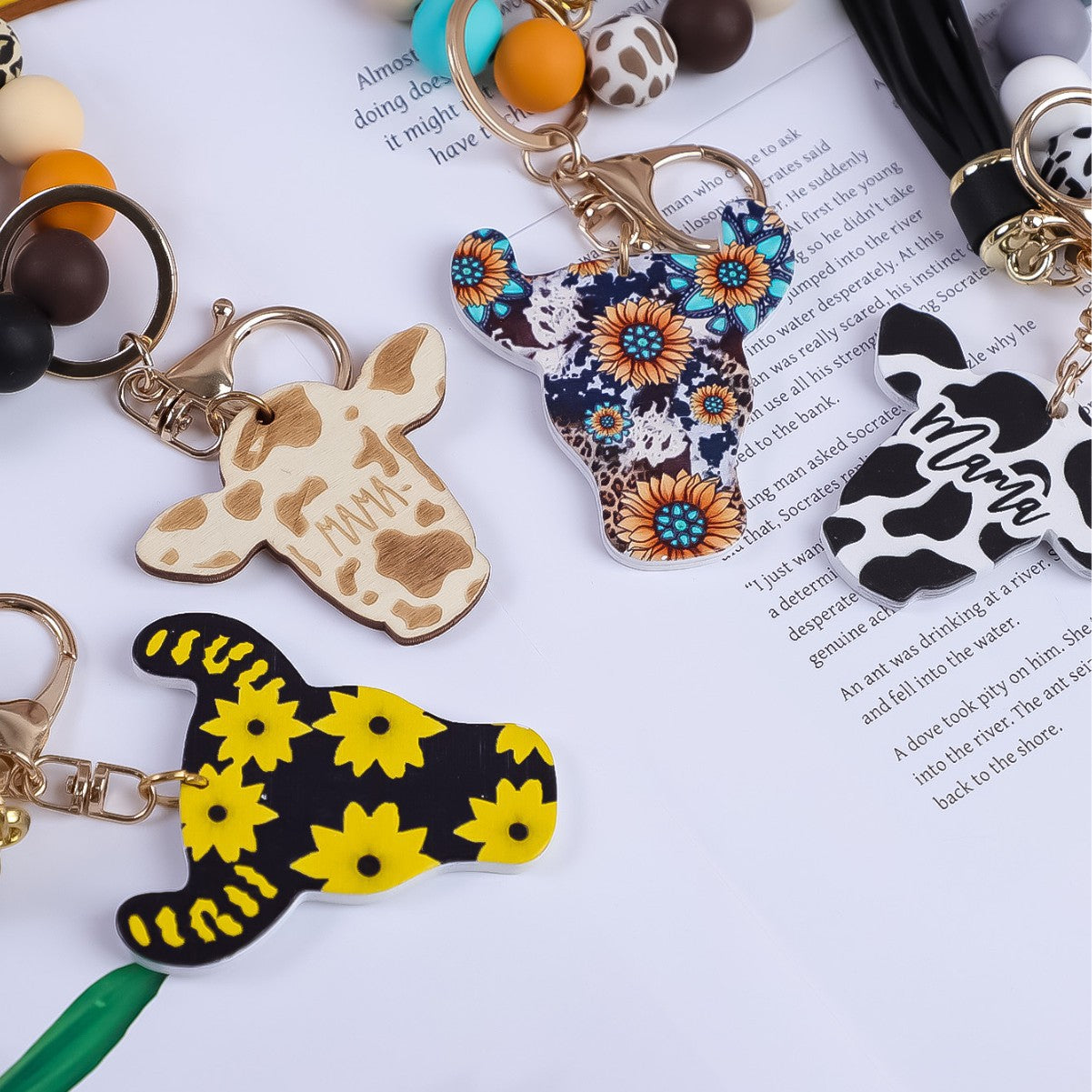 Wholesale Western Style Silicone Beaded Tassel Wooden Keychain