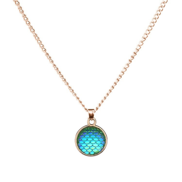 Wholesale Color Mermaid 16mm AB Fish Scale Time Gemstone Alloy Pendant Necklaces