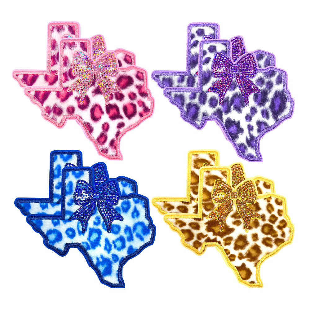 Wholesale Texas Shape Leopard Print Bow Sequin Embroidery Patch Trendy Coat Iron On Applique