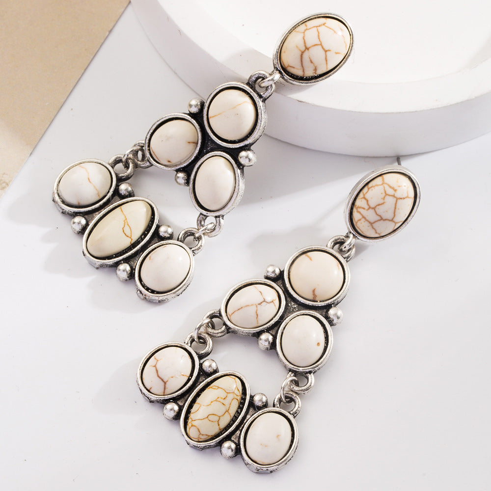 Wholesale Exaggerated turquoise retro layered long earrings