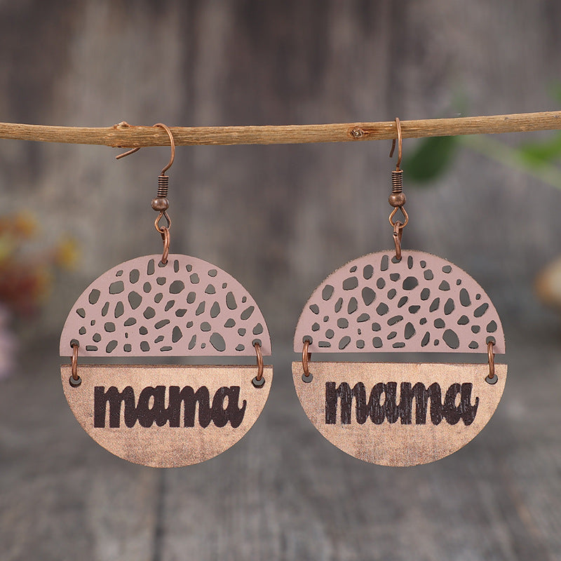 Wholesale Mother's Day Retro Wood Leather Letter Mom Round Earrings