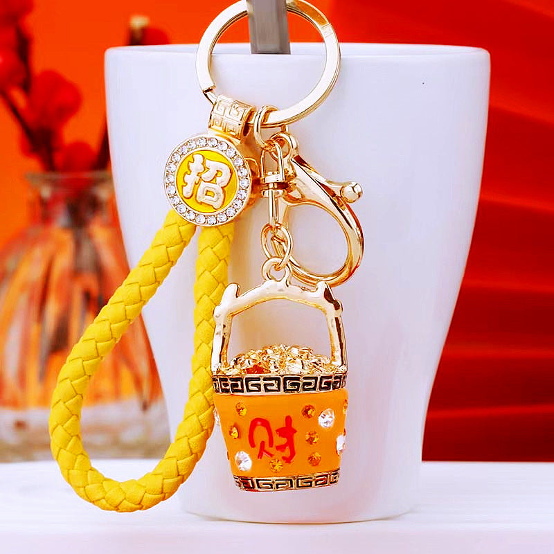 Wholesale Chinese Style Fortune Bucket Keychain Red Zinc Alloy Cornucopia Car Key Ring Decorative Bag Charm Gift