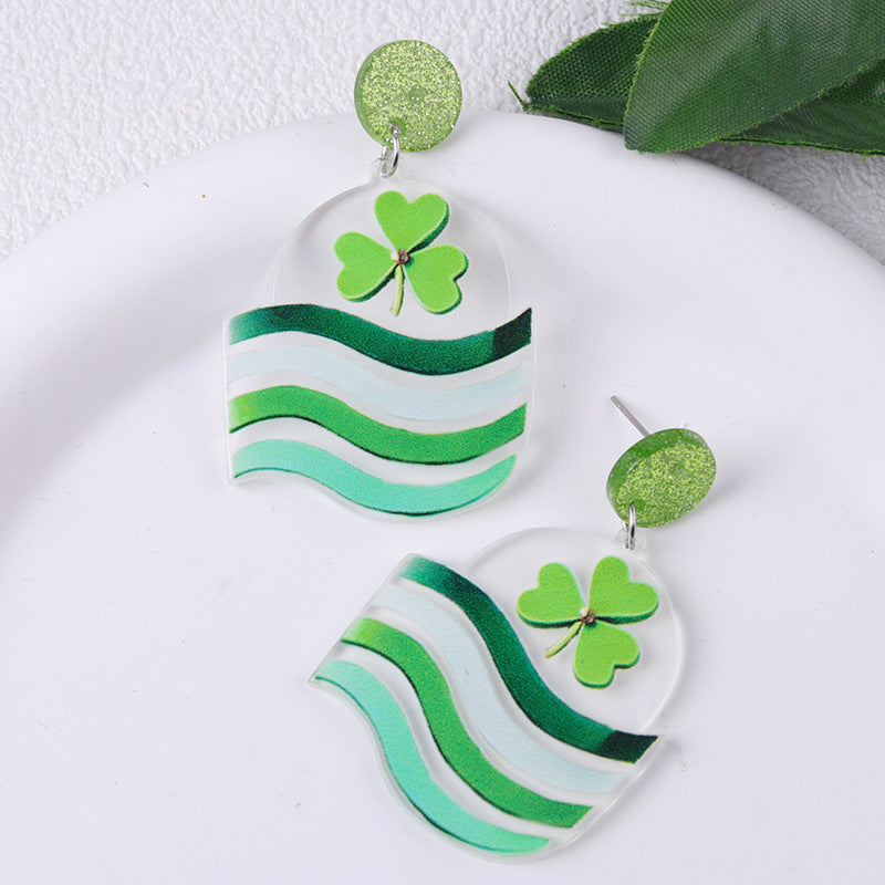 Wholesale St.  Patrick' s  Green AB Beer Acrylic  Clover Earrings