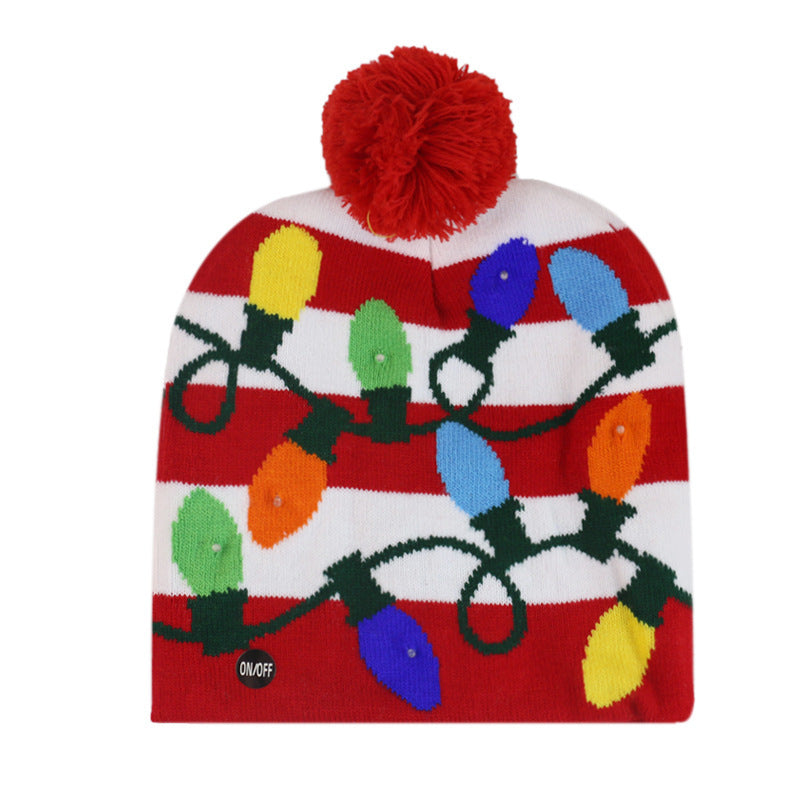 Wholesale Christmas Snowman Elk Christmas Tree Hair Ball Knitted Hat LED Colorful Dazzling Light Woolen Hat