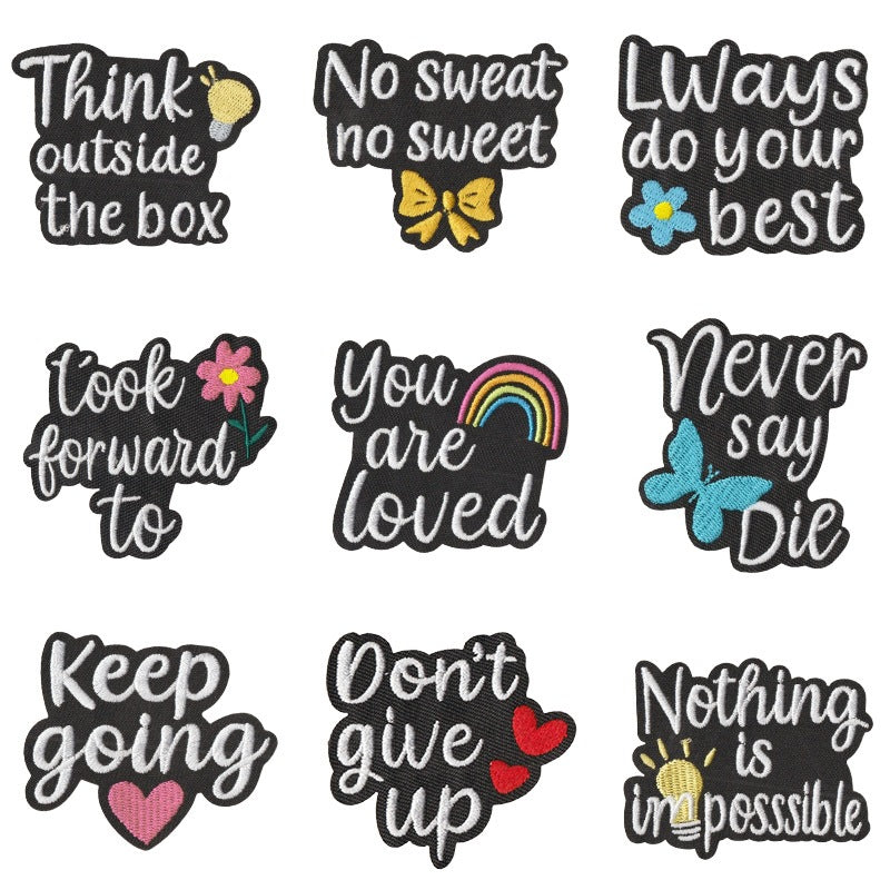 Wholesale Boutique Rainbow Heart Inspirational Quote Iron On Patches Black White Embroidered Appliques For ets Polyester Cotton Set Of 9