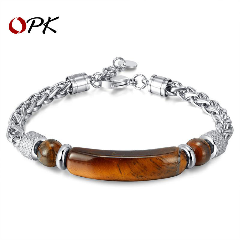 Wholesale Stainless steel titanium steel tiger eye stone fashion retro chain splicing men's bracelet