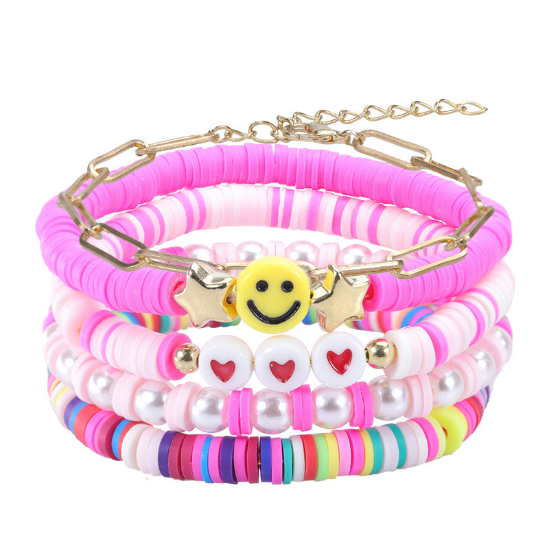 Wholesale Colorful Soft Pottery Smile Heart Pearl Bracelet Set