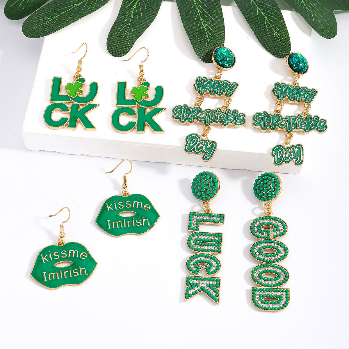 Wholesale St.  Patrick' s Day Green Letter  Blingbling Earrings