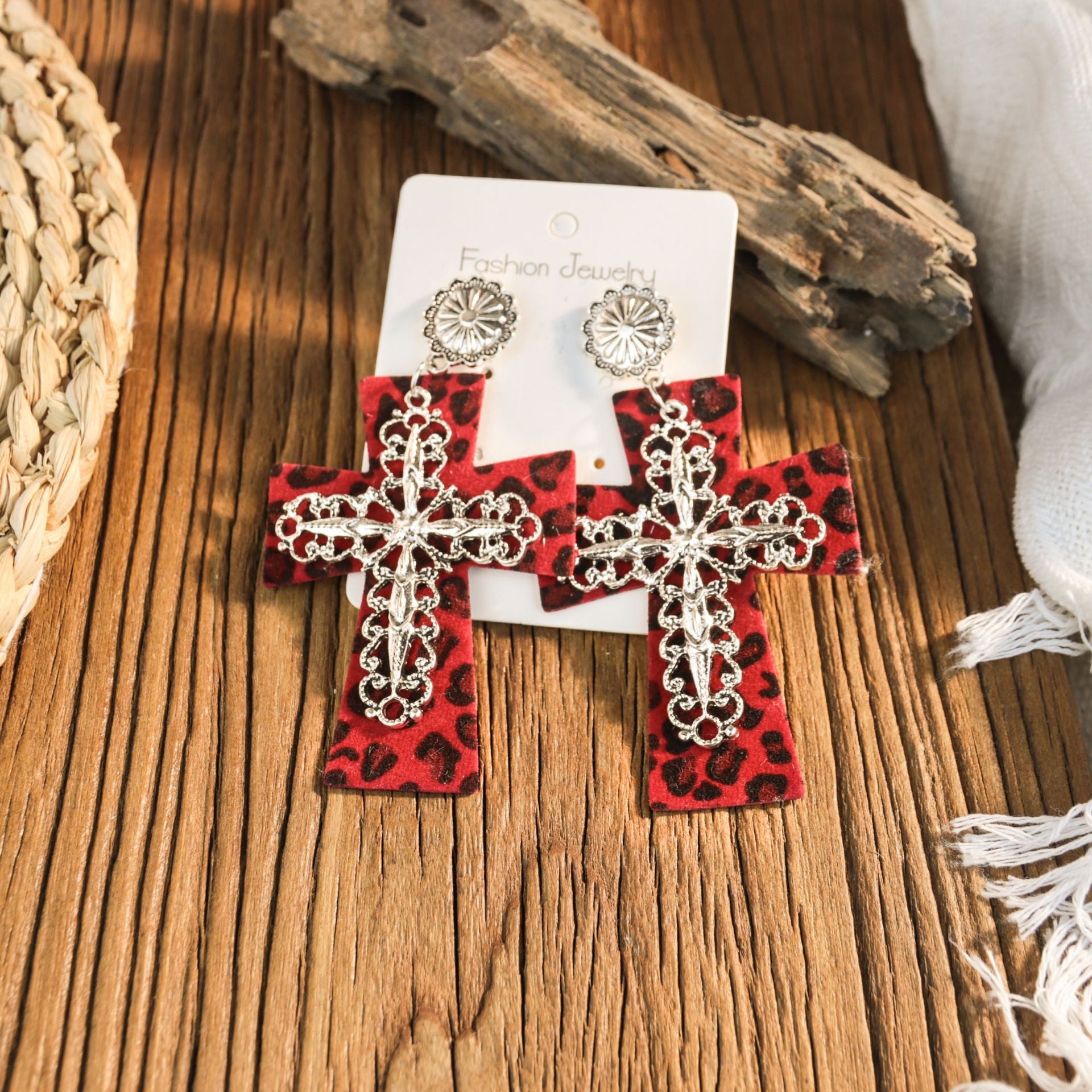 Wholesale Western-style leather leopard print cross earrings