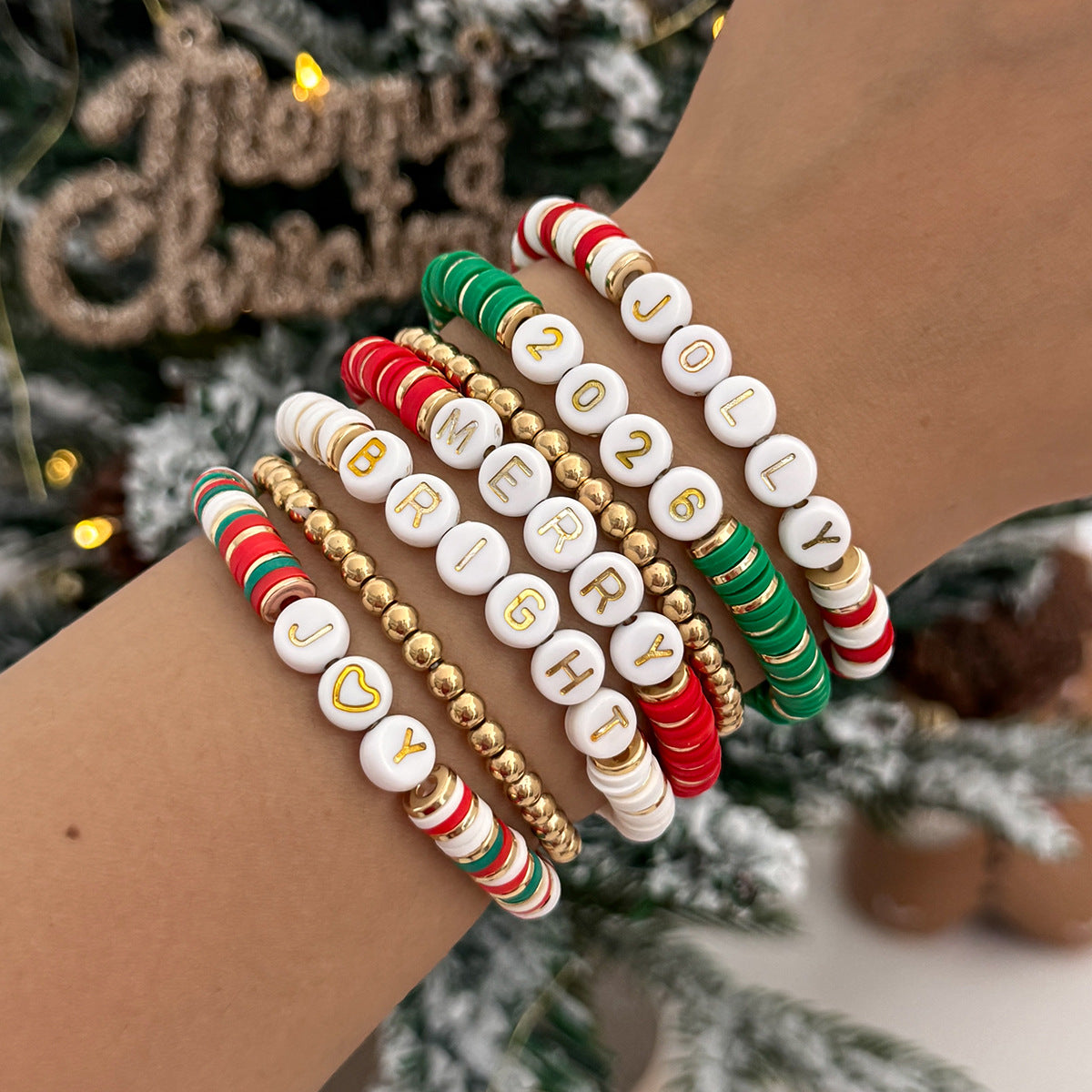 Wholesale Christmas Color-Blocked Polymer Clay Letter Clay Bead Necklaces