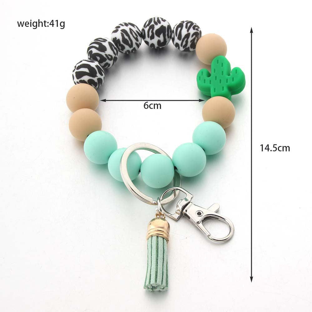 Wholesale Silicone Food Grade Wooden Beads Cartoon Tassel Wrist Keychain