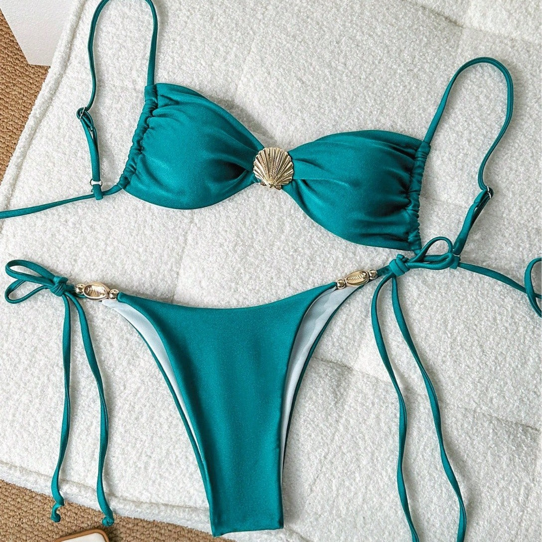Wholesale Two-piece shell drawstring solid color swimsuit