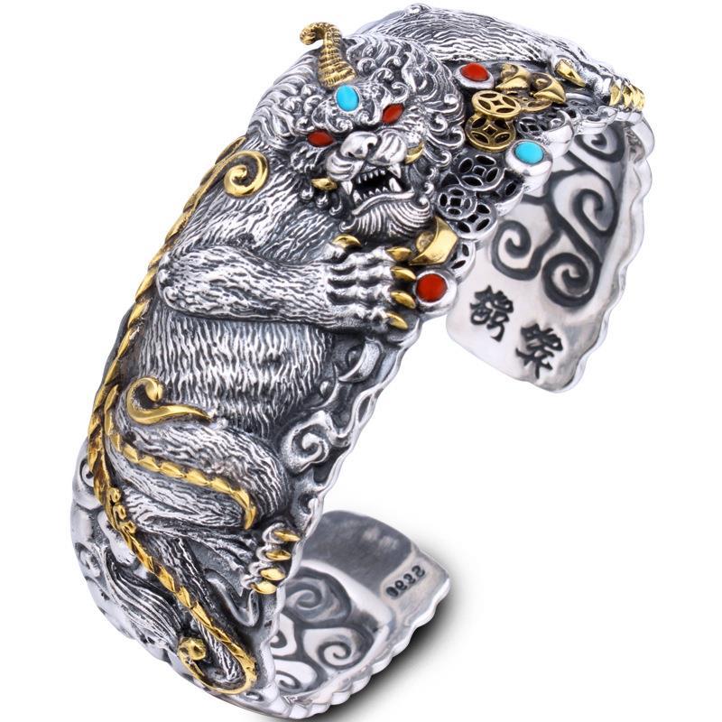 Wholesale Pixiu Wide Version Hand-Carved Rich Opening Metal Bracelet