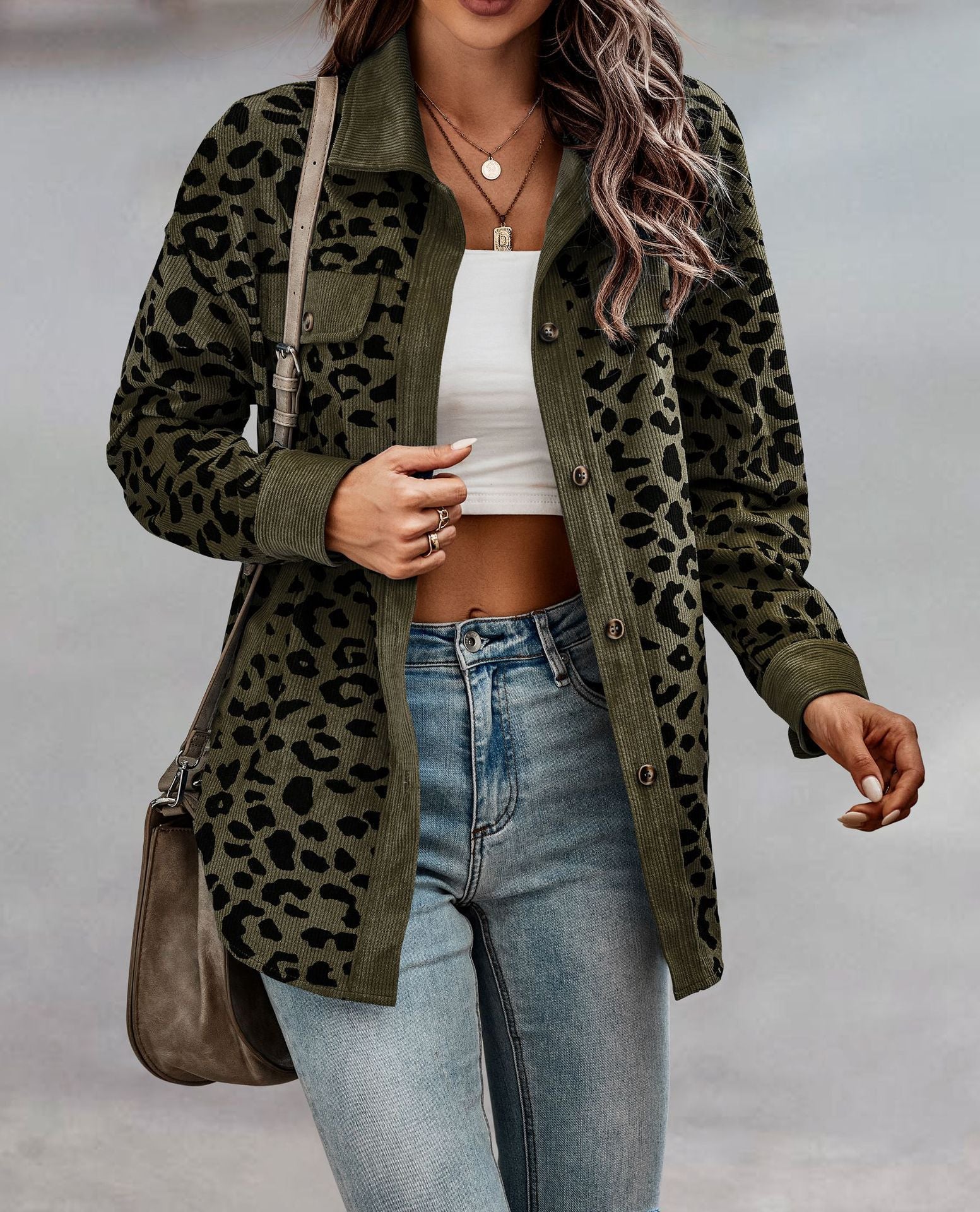 Wholesale Fashion Leopard Print Button Long Sleeve Jacket Coat