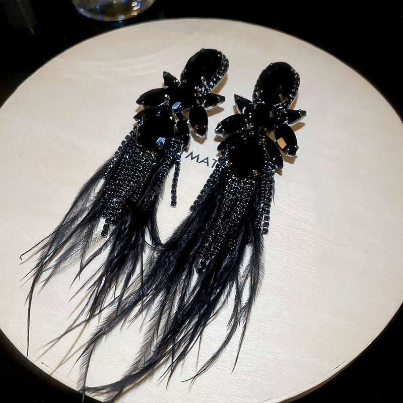 Wholesale Diamond studded bow feather tassel earrings