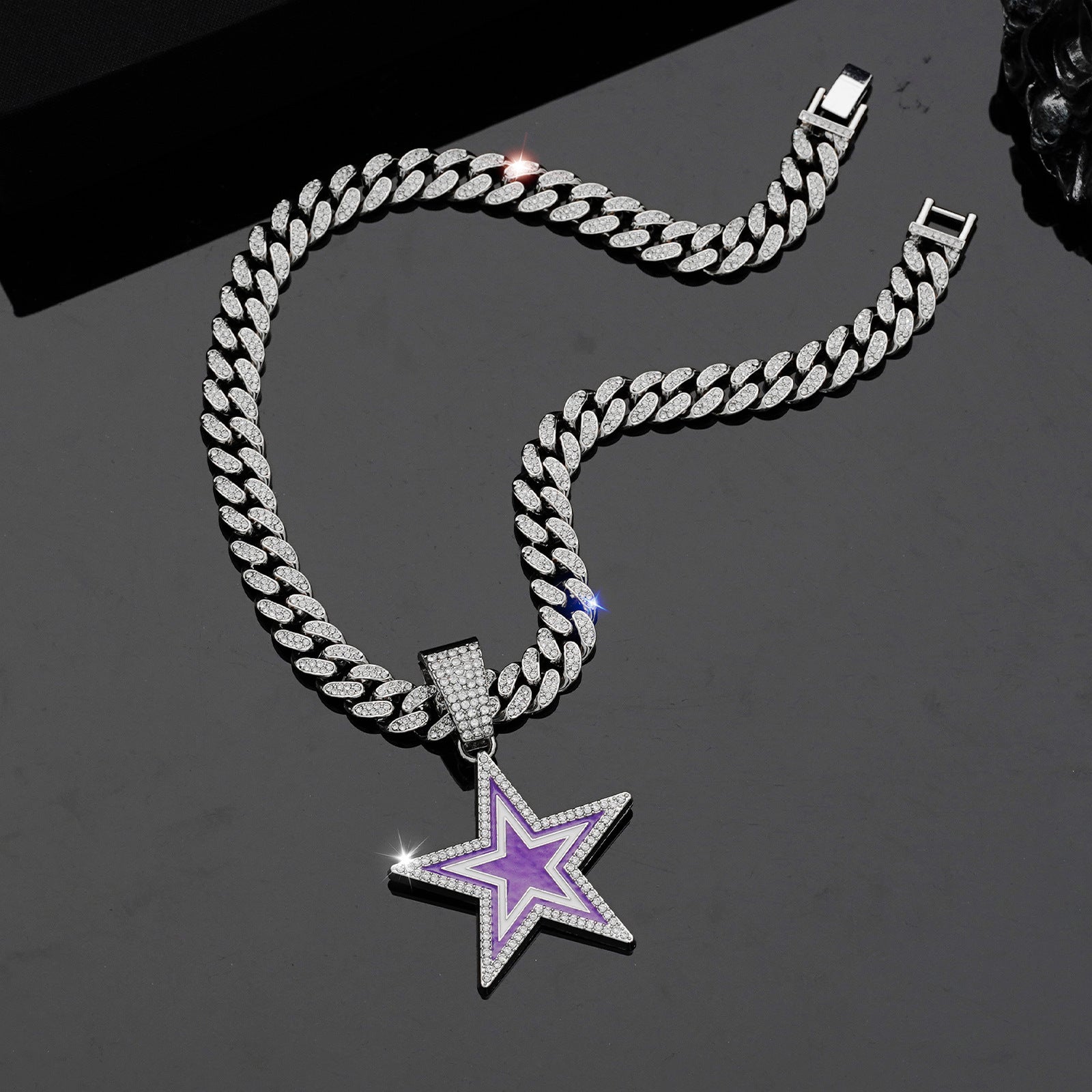 Wholesale full diamond blue five-pointed star  hip-hop  necklace