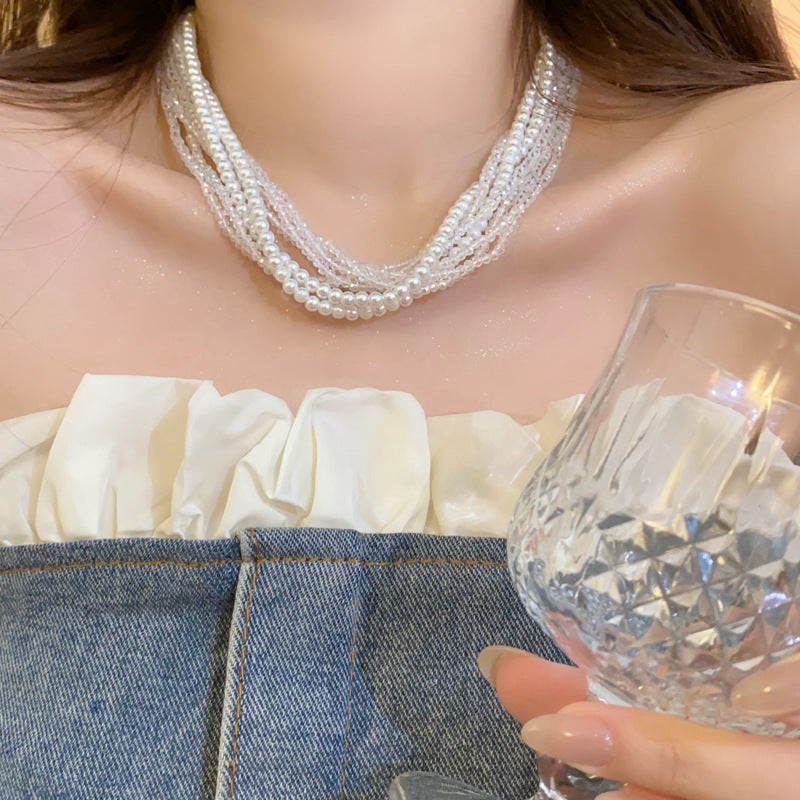 Wholesale Vintage Multi-layered Crystal Pearl Necklace Stylish and Elegant Clavicle Chain