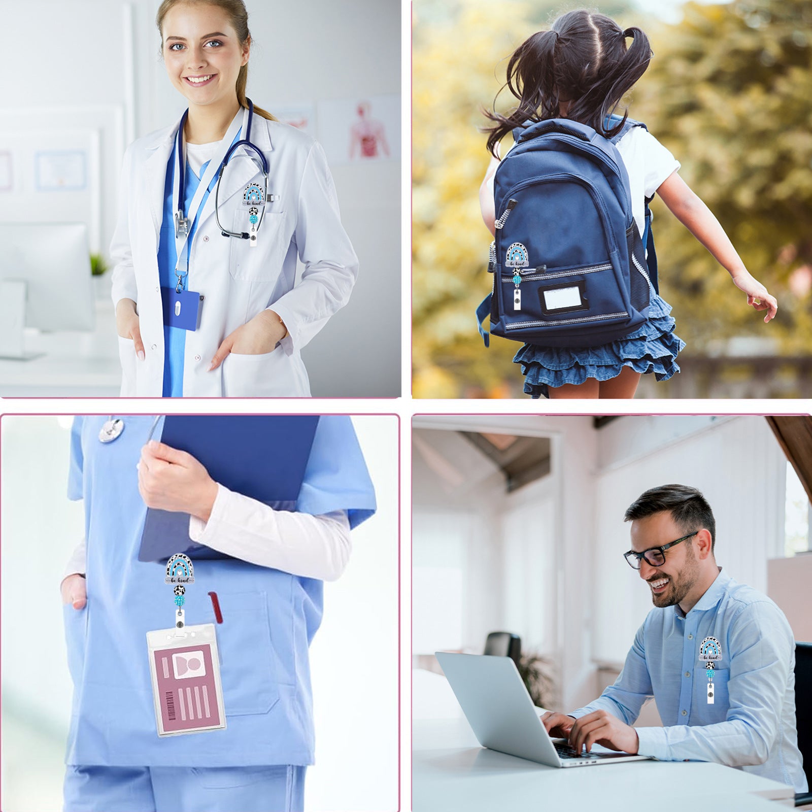 Wholesale Badge Reels Rainbow Cow Acrylic Beaded Ball Badge Scroll Retractable Keychain